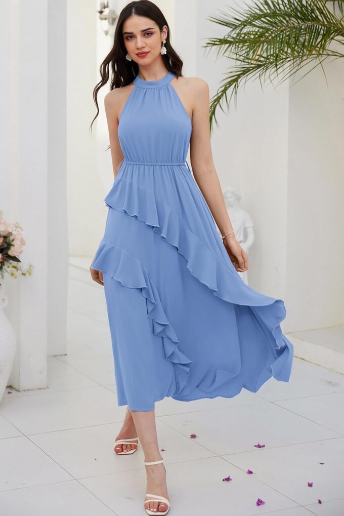 GRACE KARIN Women's 2024 Summer Sleeveless Halter Neck Ruffle Hem Split Flowy Swing Long Midi Dress with Belt – Bild 2