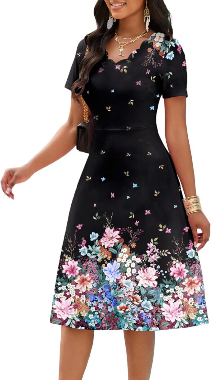 AOMONI Women Casual Dresses Wedding Guest Church Midi Dresses A-Line Fit and Flare Short Sleeve Floral Swing Wrap Dress – Bild 2
