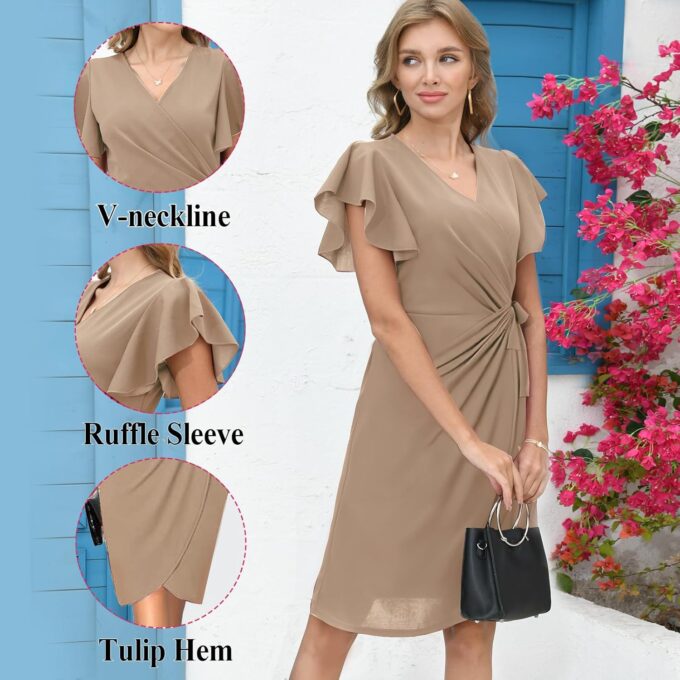 G&Y Damen-Midikleid mit tiefem V-Ausschnitt, Rüschenärmeln – klassische Cocktail-Party, Arbeit, Wickeloptik – Bild 3