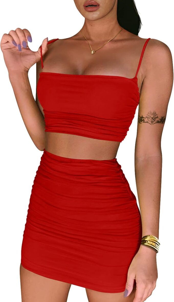 BEAGIMEG Women's Ruched Cami Crop Top Bodycon Skirt 2 Piece Outfits Dress