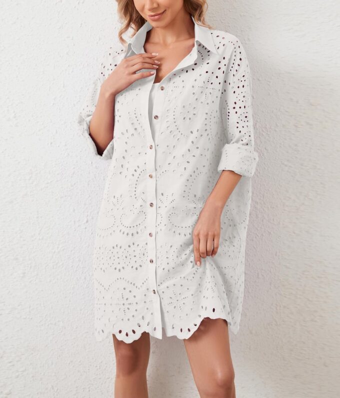 Women Hollow Out Eyelet Button Down Lapel V Neck Long Sleeve Ruffle Flowy Solid Oversized Loose Mini Shirt Dress – Bild 7