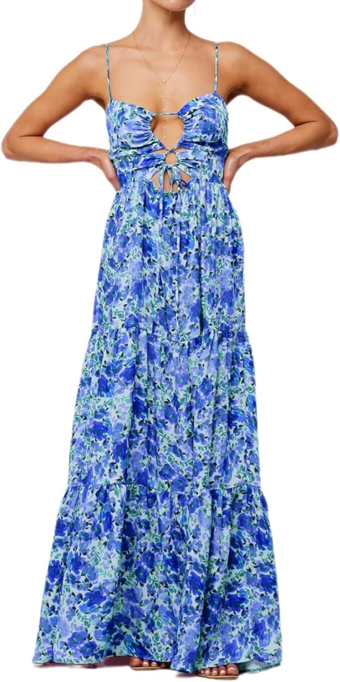 Womens Summer Floral Spaghetti Strap Backless Low Cut Smocked Flowy Maxi Dresses Beach Sundresses – Bild 2