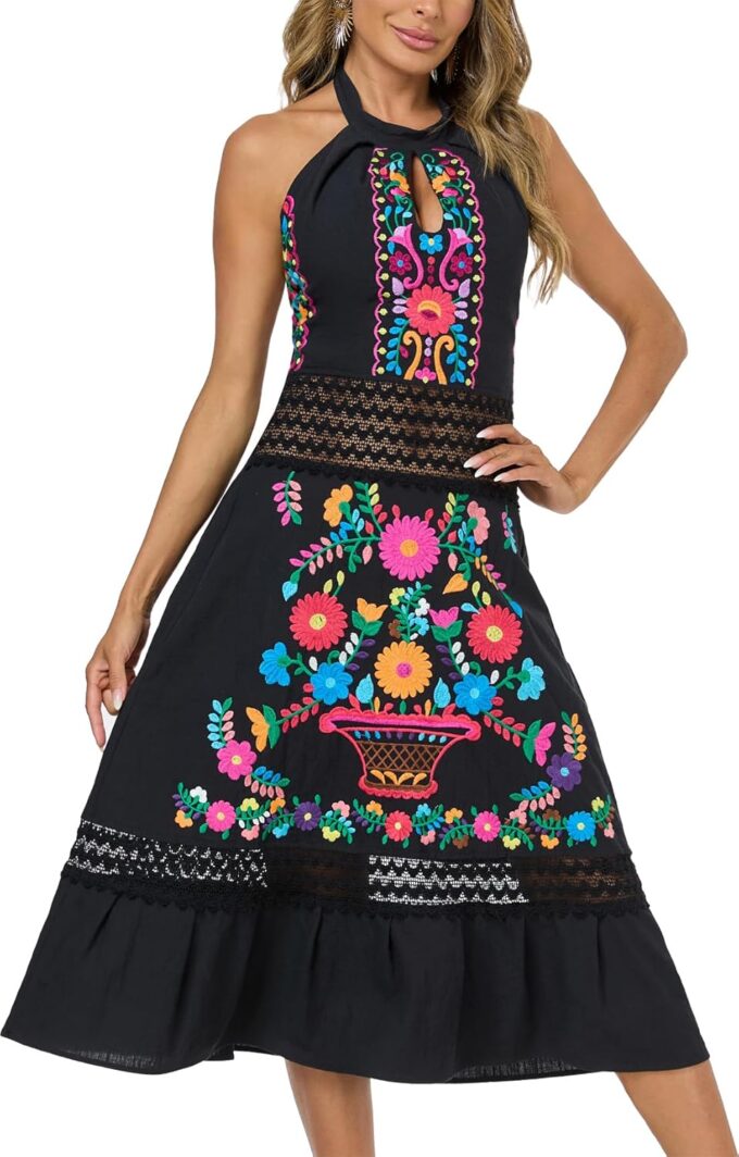 Mexican Dress Embroidered Casual Halter Off Shoulder Maxi Cocktail Dresses Sexy Dress for Women Date Night – Bild 4