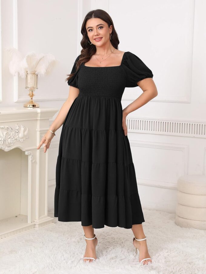 Womens Plus Size Casual Dress Short Puff Sleeve Square Neck Smocked Tiered Summer A Line Flowy Long Maxi Dresses – Bild 7