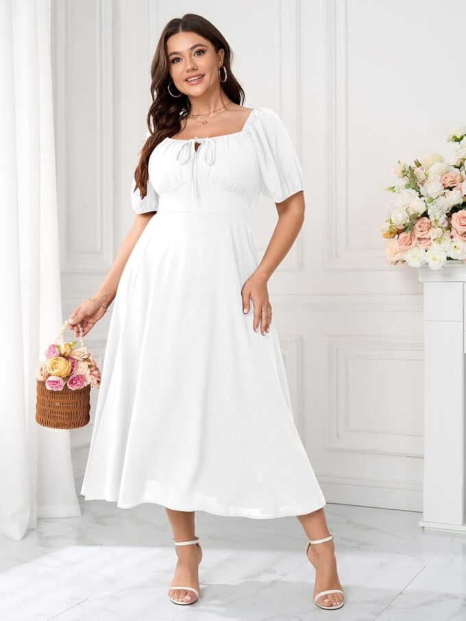 Women's Plus Size Summer Dress Short Sleeve Square Neck Milkmaid Dress Tie Front Split A-Line Maxi Long Dresses – Bild 4