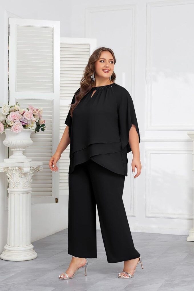 Hanna Nikole Mother of Bride Pant Suits Plus Size Half Sleeve 2 Piece Chiffon Pantsuit Formal Wedding Guest Outfit – Bild 5