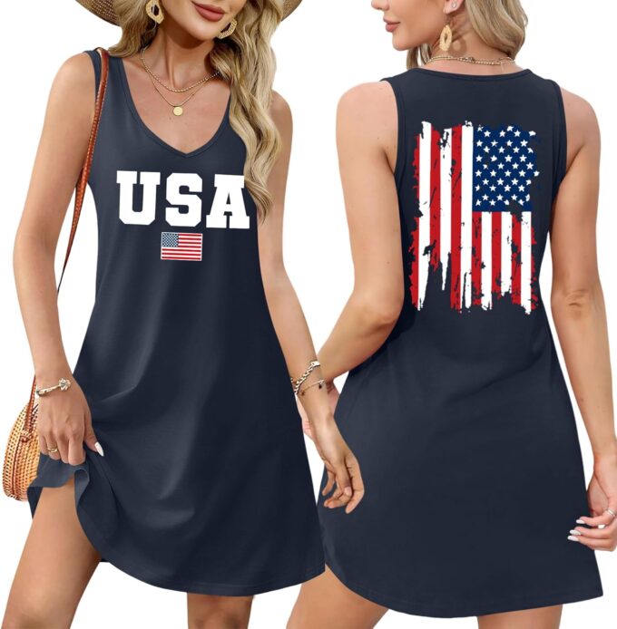 4th of July Dress for Women: American Flag Tank Dresses Star Striped Splicing Loose V Neck Sundresses