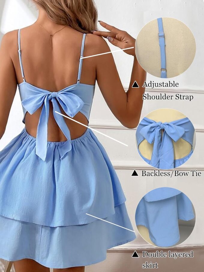 Women's Backless Bow Tie Short Dress Short A Line Tiered Ruffle Fit and Flared Beach Wedding Guest Dress – Bild 6