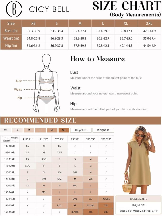 Cicy Bell Womens Summer Mini Dress Cap Sleeve Collared V Neck Casual Ribbed A Line T Shirt Dresses – Bild 6