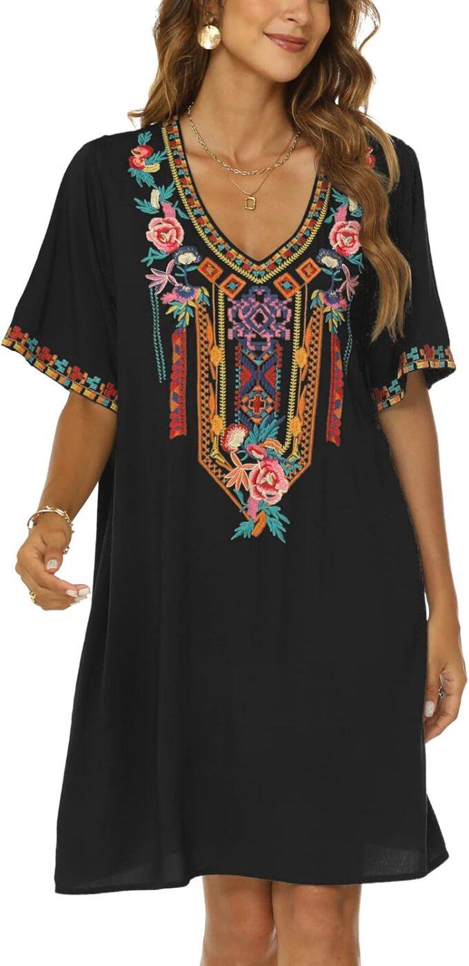 Grosy Women's Embroidered Mexican Peasant Dresses, Plus Size Fiesta Boho Dress for Women, Traditional Floral Bohemian Tunic – Bild 5