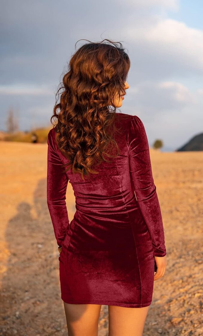 GOBLES Womens Sexy Velvet Long Sleeve Bodycon Elegant Mini Party Dress – Bild 7