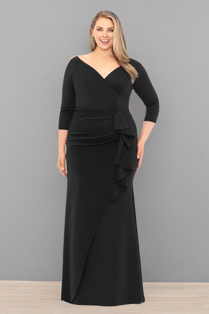 Xscape Women's Plus Size Long 3/4 Sleeve V-Neck Side Ruched Dress – Bild 6