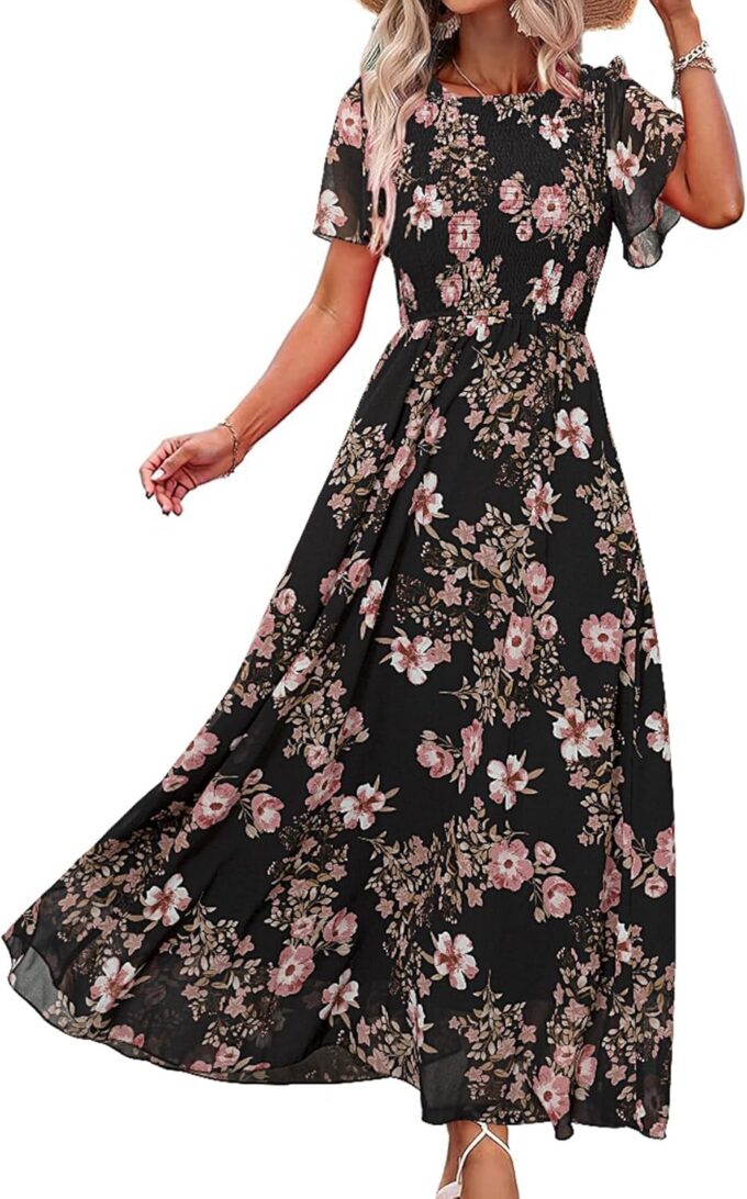 Simplee Womens Summer Floral Casual Maxi Dresses Flutter Short Sleeve Crew Neck Smocked Chiffon Boho Flowy Dress