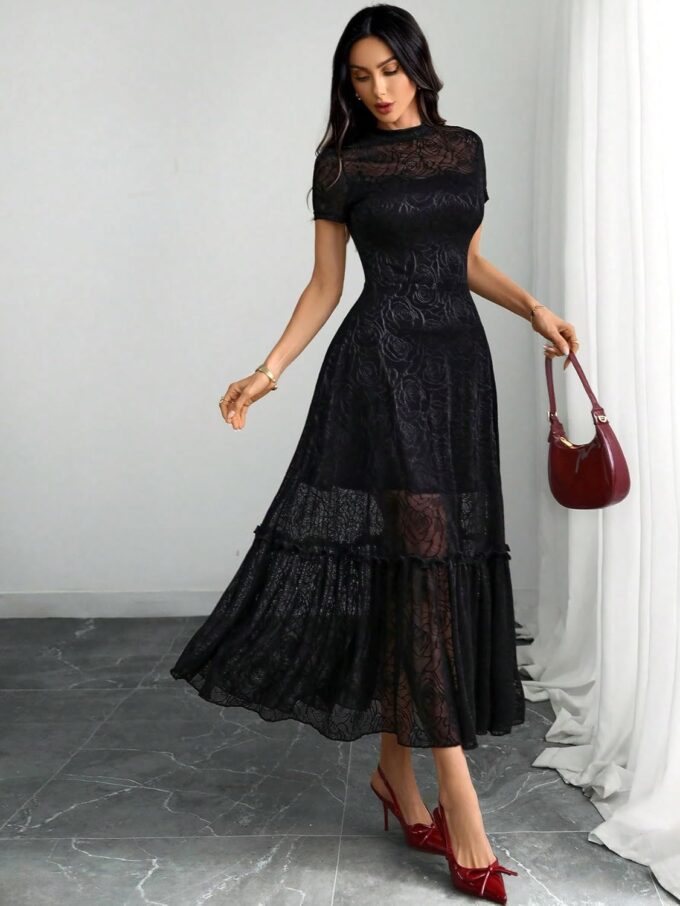 GothDark Womens Elegant Vintage Floral Lace Dress Short Sleeve Double Layer Gothic Midi Wedding Guest Casual Dress – Bild 5