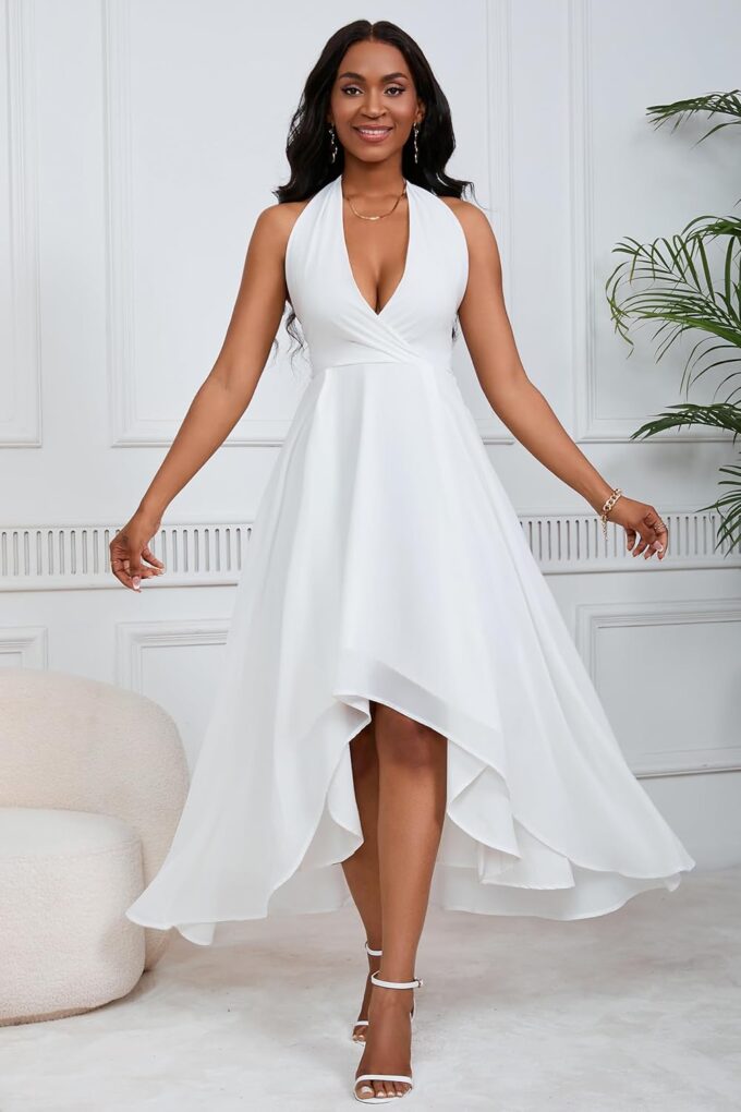 VERWIN Halter Neck Dress Sleeveless Maxi Dress Split Ruffle Hem Casual Backless Evening Party Cocktail Dress – Bild 7