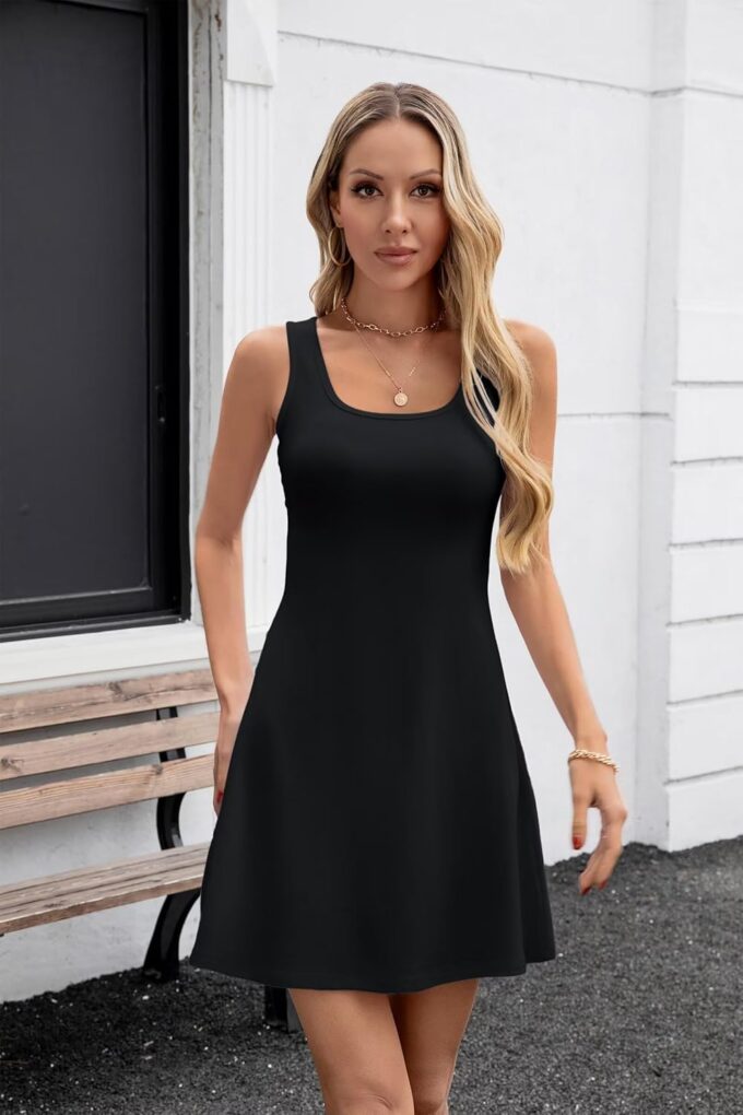 VICHYIE Womens Summer Ribbed Knit Square Neck Dress A Line Flare Mid-Thigh/Above Knee/Mini Ruffle Swing Sundress – Bild 2