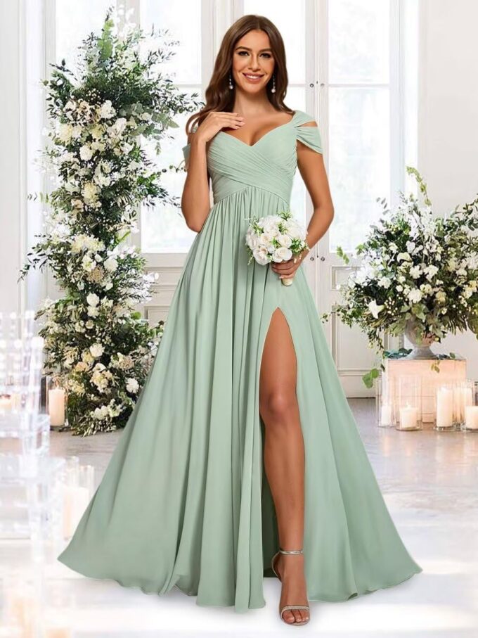 Women's Off Shoulder Ruched Bridesmaid Dresses Long with Pockets Slit Chiffon Formal Evening Dress VS180 – Bild 3