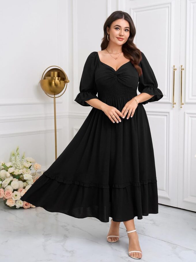 SCOMCHIC Women Plus Size Maxi Dresses Sweetheart Knot Front Puff Short Sleeve Wedding Guest Smocked Ruffle Flowy Dress – Bild 3