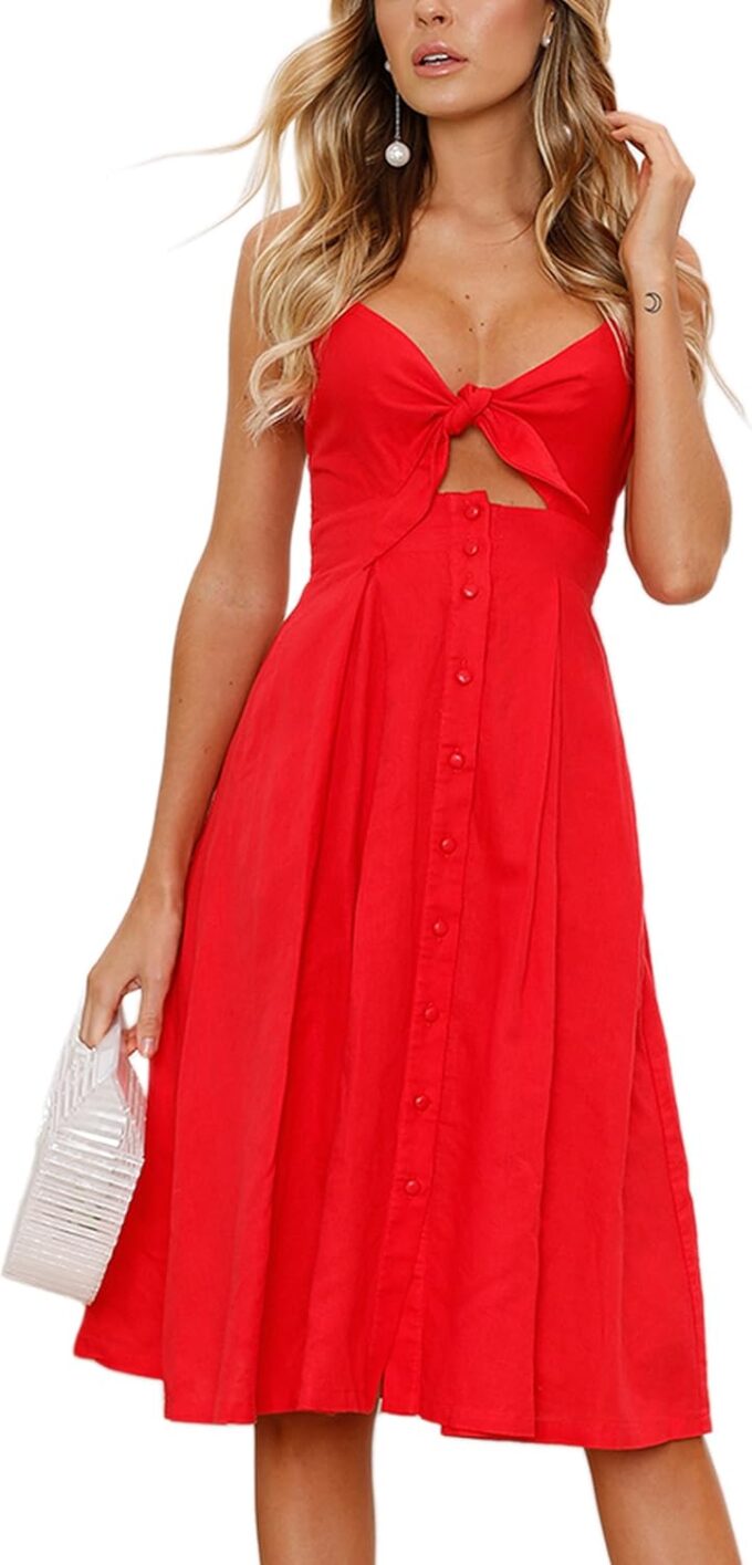 ECOWISH Women 2025 Summer Dresses Tie Front V-Neck Spaghetti Strap Button Down A-Line Backless Swing Midi Dress