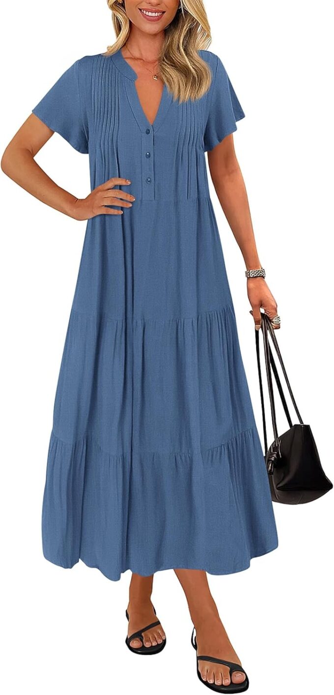 KIRUNDO Summer Maxi Dresses for Women 2025 Spring Fashion Short Sleeve Button V Neck Pleated Loose Tiered Swing Flowy Dress