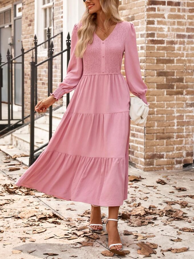 Kate Kasin Womens Long Sleeve Maxi Dress Spring Fall Dresses 2025 Trendy Smocked V Neck Modest Wedding Guest Dress & Pockets – Bild 5
