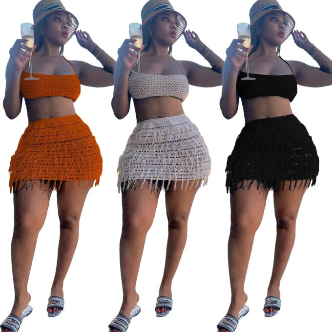 Women 2 Piece Outfits Sexy Crochet Mini Dress Hollow Tassel Skirts Sets Summer Bandage Tube Tops – Bild 5