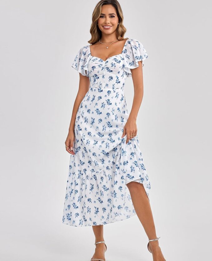 GLNEGE Women's 2025 Summer Midi Floral Boho Dresses Casual Flowy Beach Short Sleeve Dress Ruffle Hem Smocked Sundresses – Bild 2