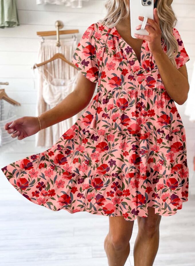 Dokotoo Womens Summer Casual Boho Floral Dresses V Neck Short Sleeve Sundresses Flowy Swing A-Line Mini Dress – Bild 2