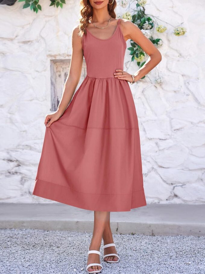Fisoew Womens Spaghetti Strap Dress V Neck Backless Summer Casual A Line Cami Dress with Pocket – Bild 3