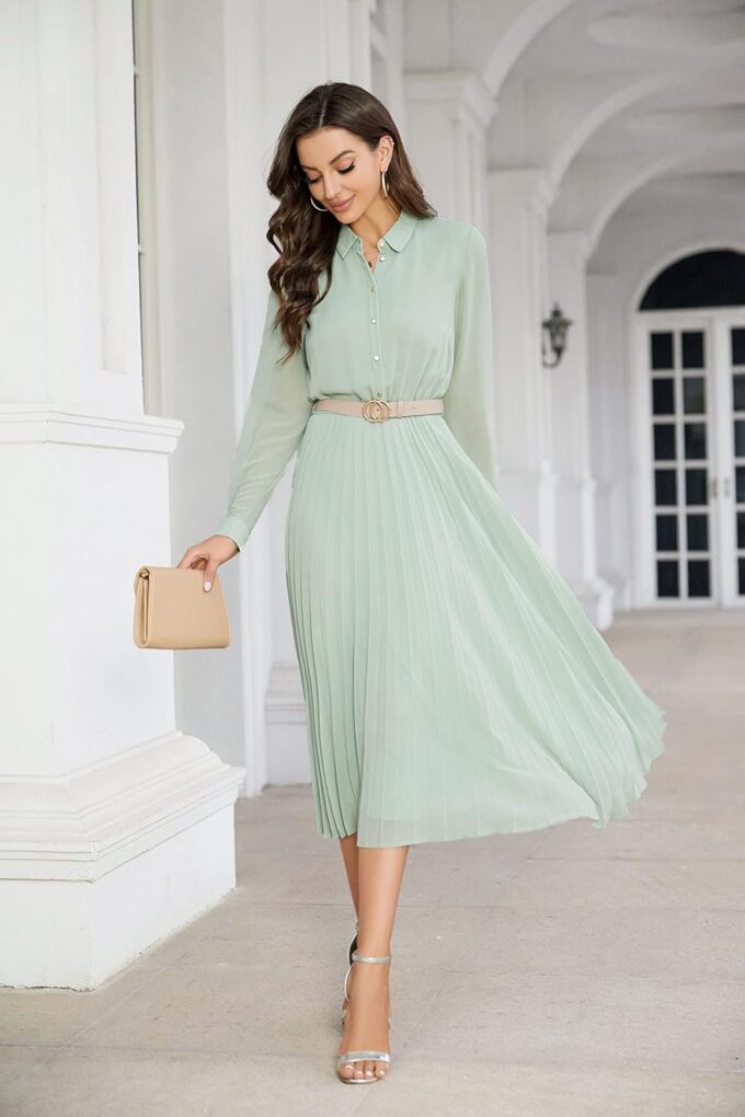 Business Casual Shirt Dress for Women Long Sleeves Pleated Midi Dresses with Belt – Bild 4