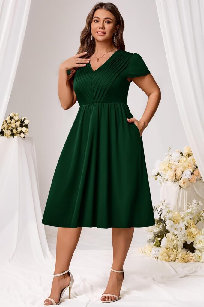 Nmoder Women Plus Size Dress Short Sleeve A-Line Summer Midi Dress Pleated V Neck Church Cocktail Semi Formal Dress – Bild 2