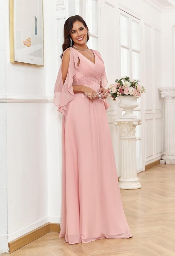Cold Shoulder Bridesmaid Dresses with Sleeves for Women V Neck Chiffon A Line Pleated Formal Evening Gown – Bild 2