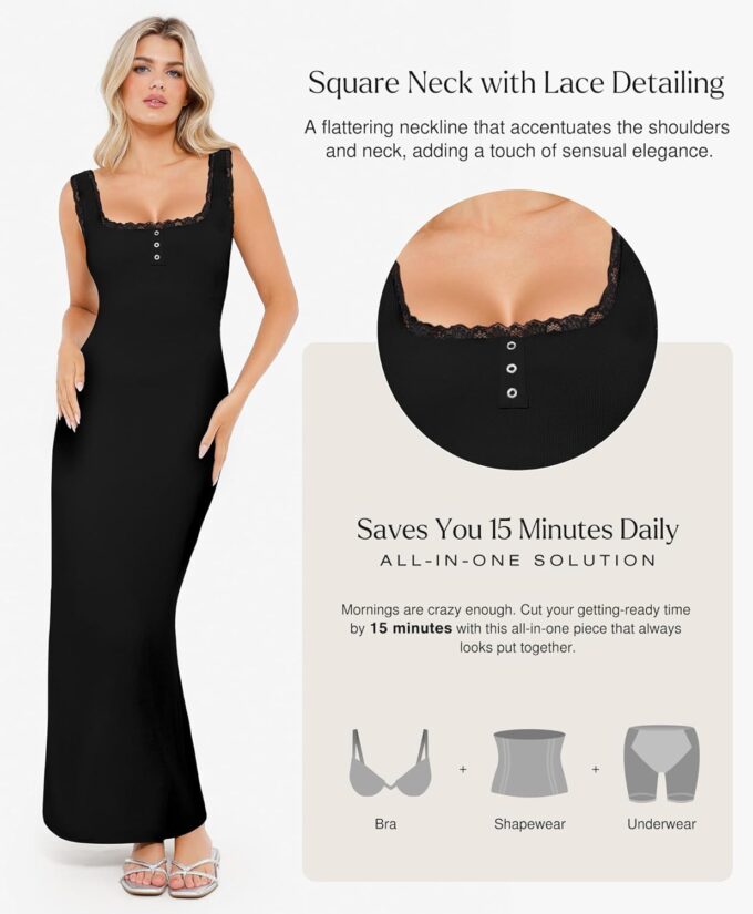 Popilush Shapewear Tank Dress Summer Maxi Dress Built-in Bra Square Neck Lace Trim Going Out Vacation Dresses for Women – Bild 3