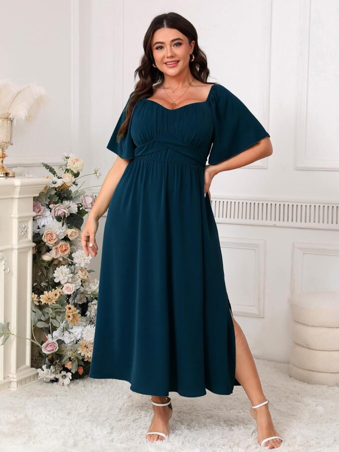 Plus Size Dress Wedding Guest Semi Formal Ruffle Short Sleeve Sweetheart Neckline Slit A Line Flowy Maxi Dresses – Bild 6