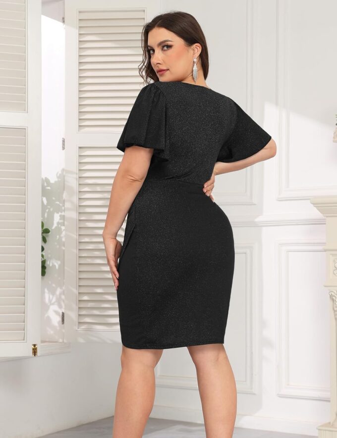CYCLAMEN 1X-4X Plus Size Sparkle Glitter Ruched Bodycon Mini Wrap Dress Sparkly Sequin Dresses Ruffle Sleeve Party Cocktail – Bild 2