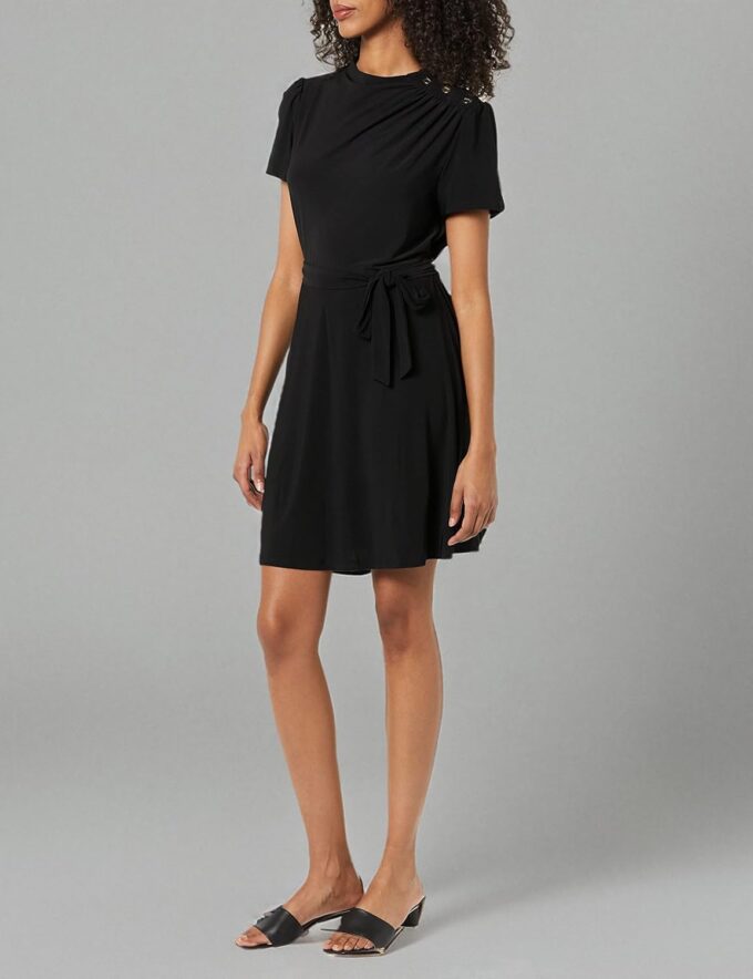 DKNY womens Short Sleeve Funnel Neck Belted Fit and Flare Dress – Bild 3