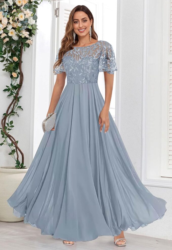 Women's Sequin Lace Mother of The Bride Dresses for Wedding Short Sleeve Formal Evening Gowns with Pockets – Bild 3