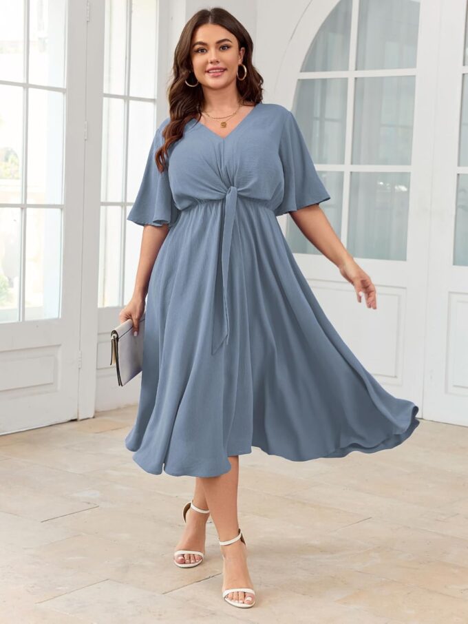 SCOMCHIC Women Plus Size Midi Dresses Wedding Guest Short Sleeve V Neck Tie Waist Casual Summer Flowy A Line Dress – Bild 5