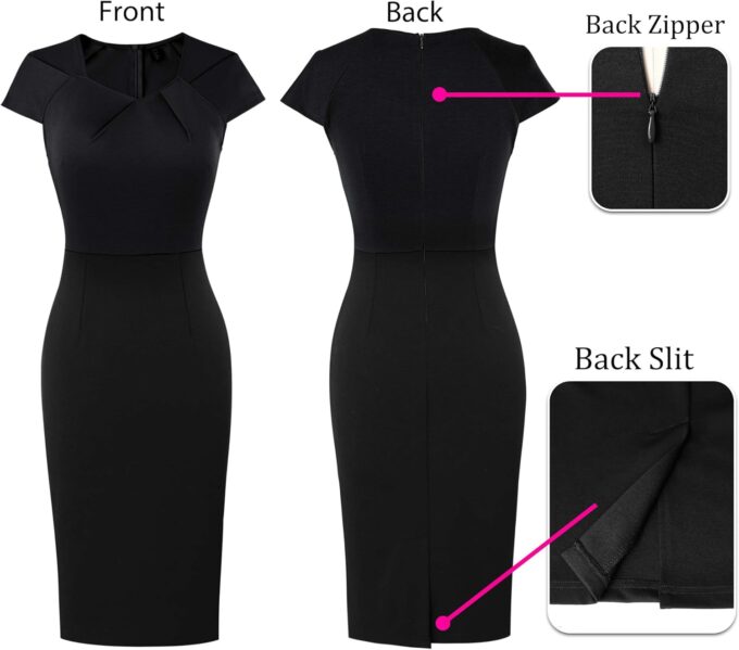 VFSHOW Damen-Bleistiftkleid, asymmetrischer Ausschnitt, gerüscht, für Büro, Business, Arbeit, Kirche, schmale Passform, knielang, figurbetontes Bleistiftkleid – Bild 6