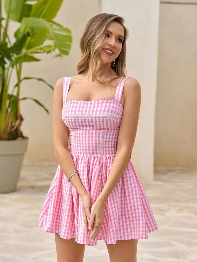 KUTUMAI Summer Gingham Mini Dress Corset Square Neck Lace Up Casual Sundress Flowy A Line Short Dresses for Women 2025 – Bild 3