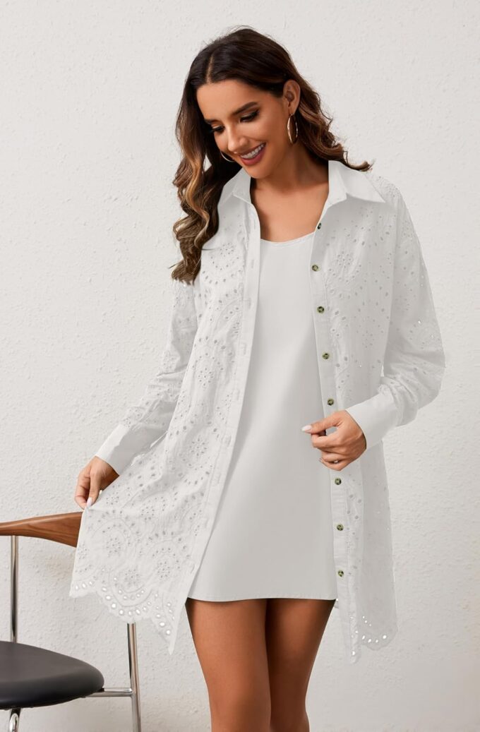 Women Hollow Out Eyelet Button Down Lapel V Neck Long Sleeve Ruffle Flowy Solid Oversized Loose Mini Shirt Dress – Bild 6
