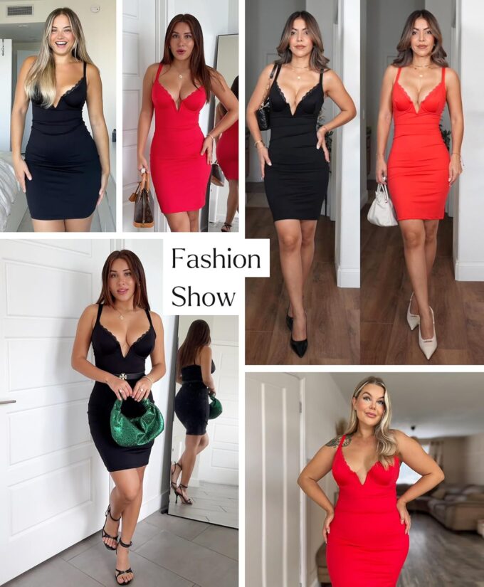 Popilush Women's 2025 V Neck Mini Dress Sexy Lace Bodycon Shapewear Dresses Cocktail Party Evening Date Night – Bild 2