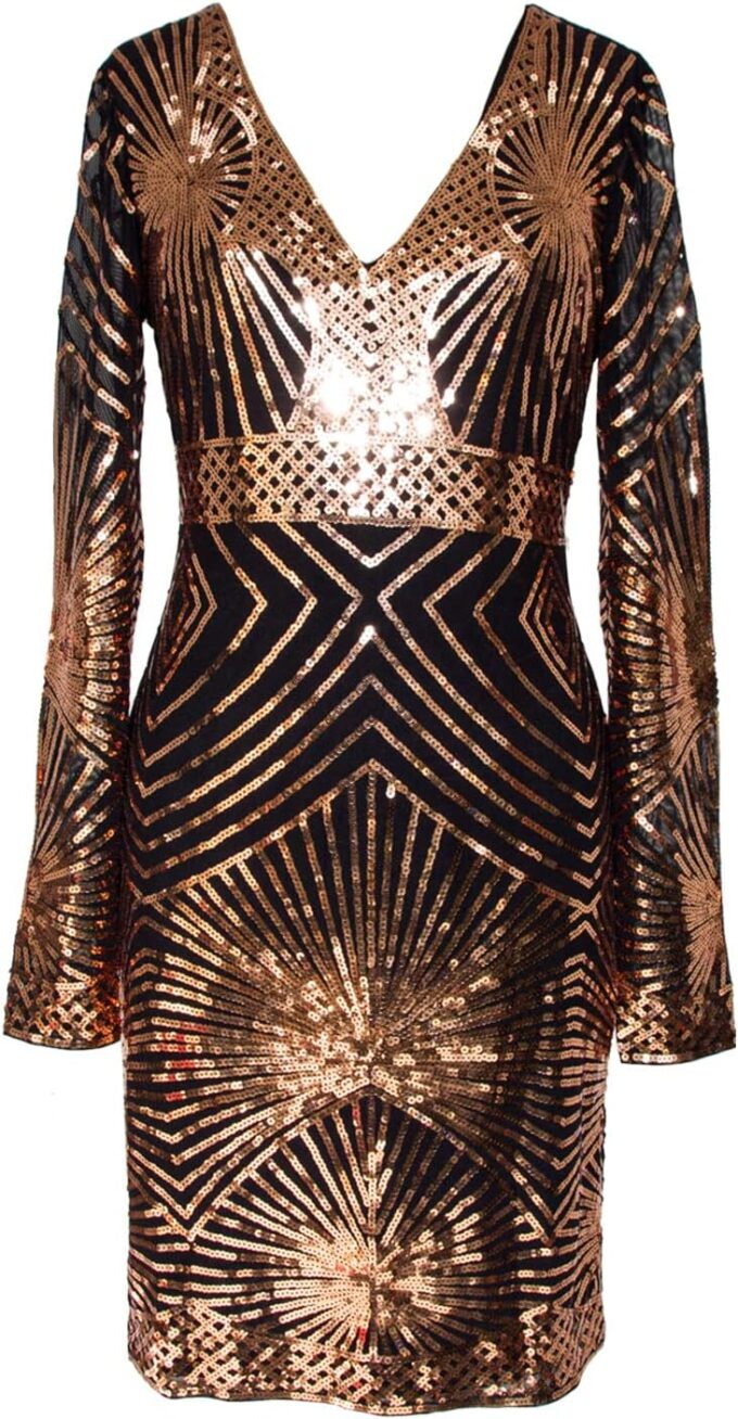 MISSCHEN Women's V Neck Bodycon Midi Sequin Long Sleeve Evening Cocktail Dress