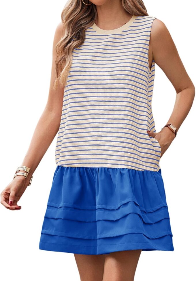 Wenrine Womens Summer Tank Mini Dress Casual Striped Sleeveless Crewneck Constrast Patchwork Loose Dresses