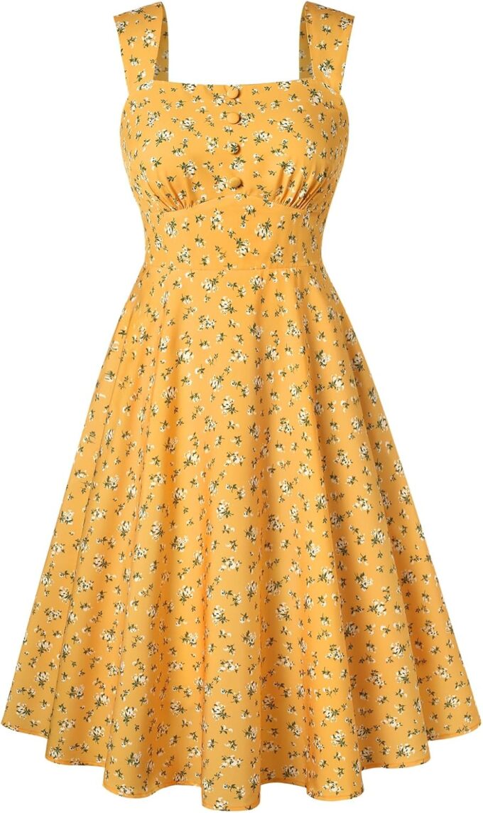 Belle Poque Square Neck Sundress for Women A Line Midi Dress Summer Cocktail Tea Party Dress with Pockets
