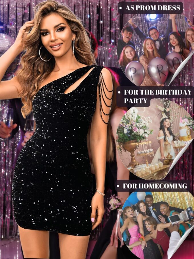 Kaei&Shi Sequin Velvet Prom Dress,Cut Out One Shoulder Short Formal Dresses,Sparkly Outfits Women HOCO Birthday Cocktail – Bild 5