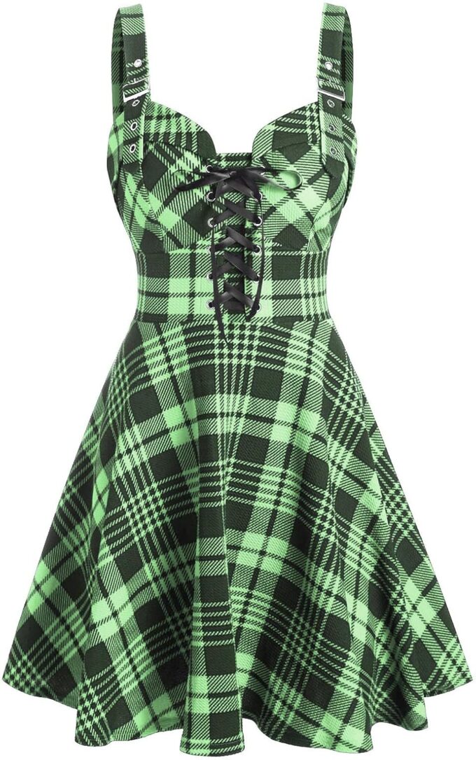 DRESSFO Women's Gothic Dress Plaid Print Lace-up Front Buckle Strap Dress Retro Empire Waist Dress Vintage 1950s Dresses