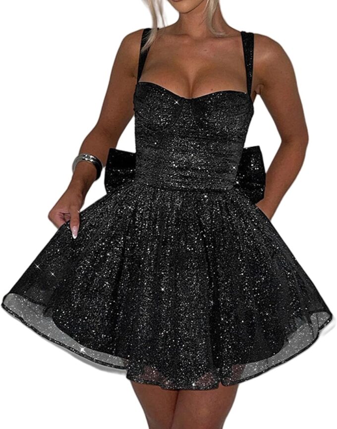 Women's Elegant Mini Dress with Bow Glitter Tulle A Line Short Dress Formal Evening Party Prom Homecoming Dresses