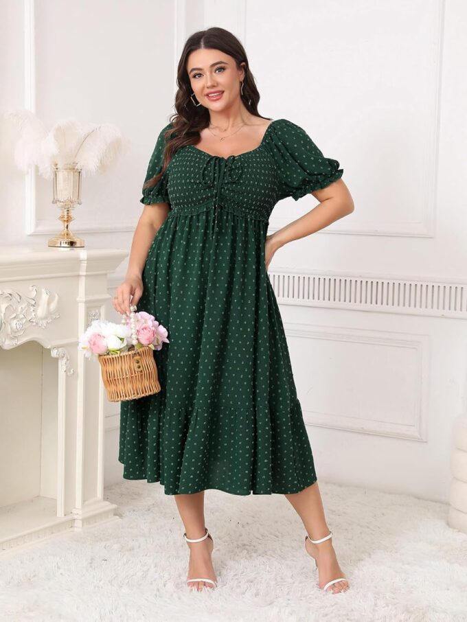 SCOMCHIC Women Plus Size Summer Dress Puff Short Sleeve Smocked Drawstring Ruffle Boho Swiss Dot Casual Midi Dresses – Bild 2
