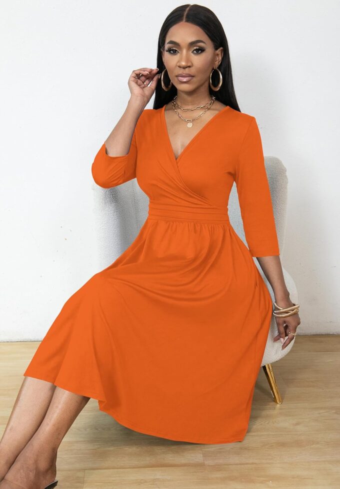 Nmoder Wrap Dress Cocktail Casual Dresses for Women Wedding Guest Fit and Flare V Neck 3/4 Sleeve Midi Dress with Pockets – Bild 5